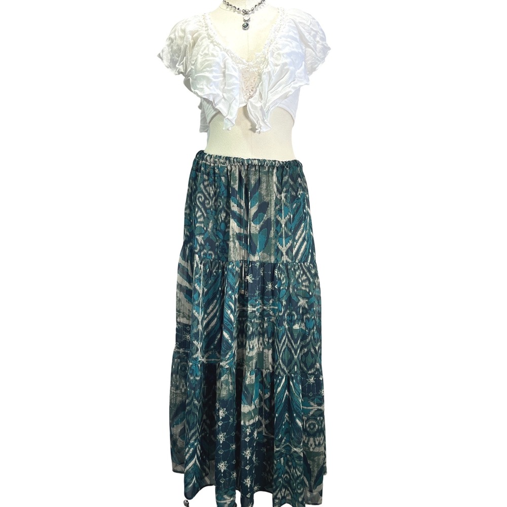 ZARA Tiered‎ Maxi Skirt Teal Abstract Print Elastic Waist Drawstring Size M boho